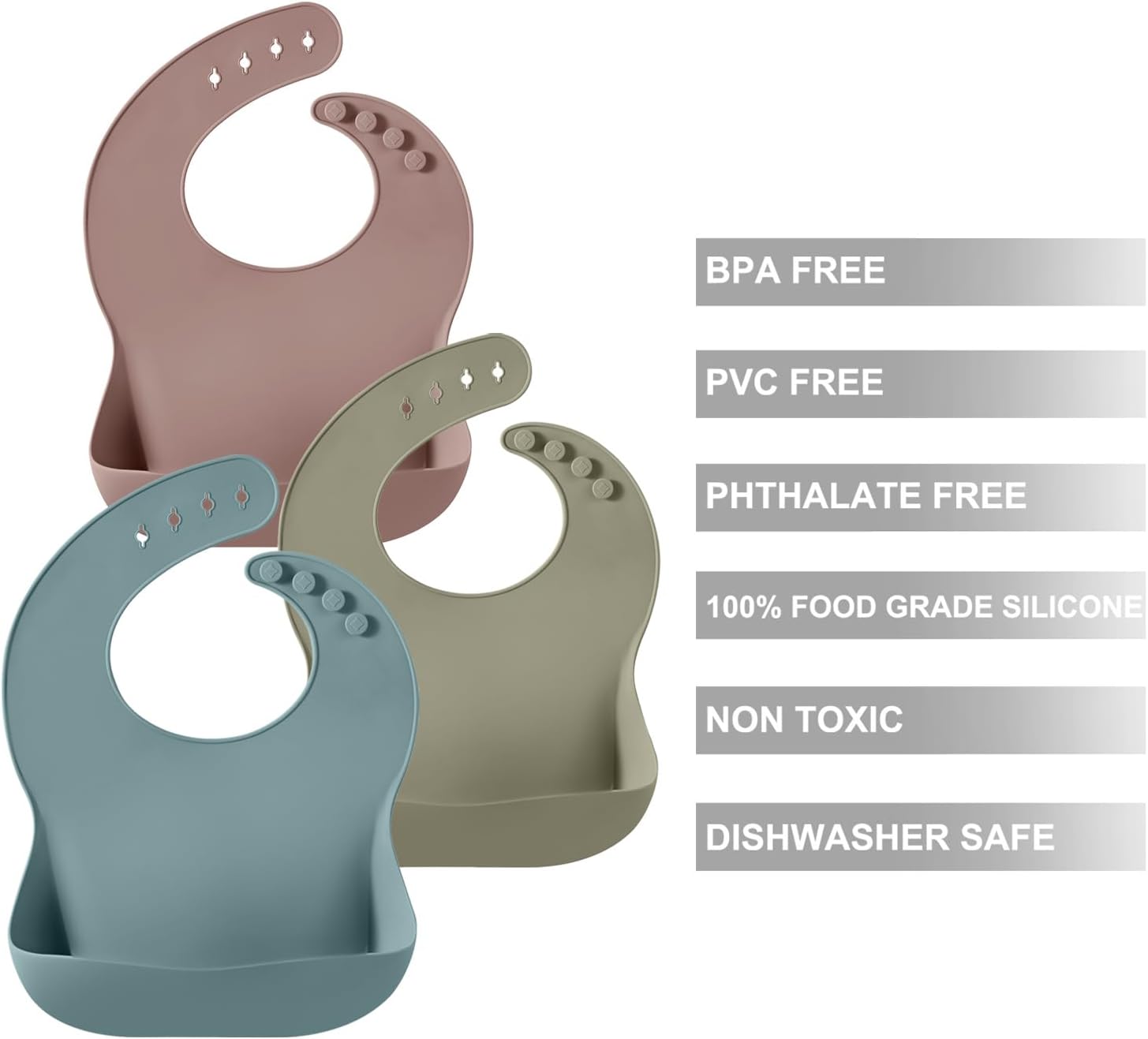 Set of 3 Silicone Baby Bibs, Waterproof Soft Adjustable Bibs for Babies Toddlers 10-72 Months