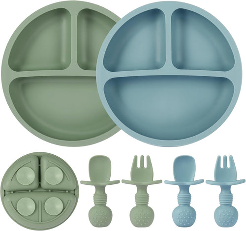 2 Pack Baby Plates with Suction, Silicone Forks and Spoons Set